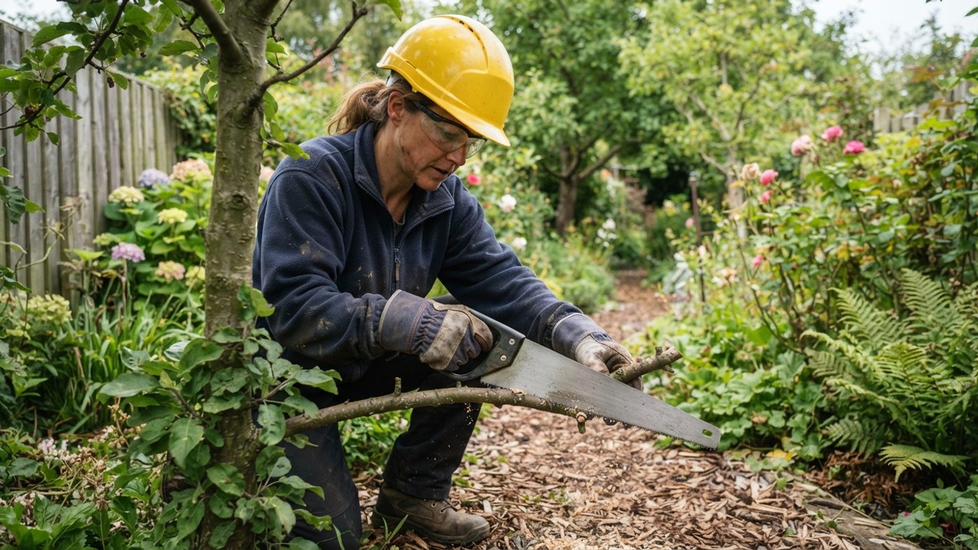 A person wearing eye protection, gloves and a hard hat while using a pruning saw on a low branch