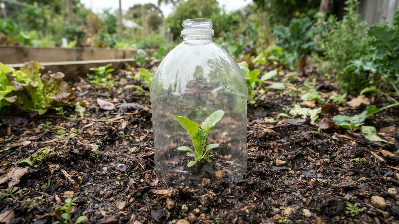 A cut-down plastic bottle used as a mini cloche over a young seedling
