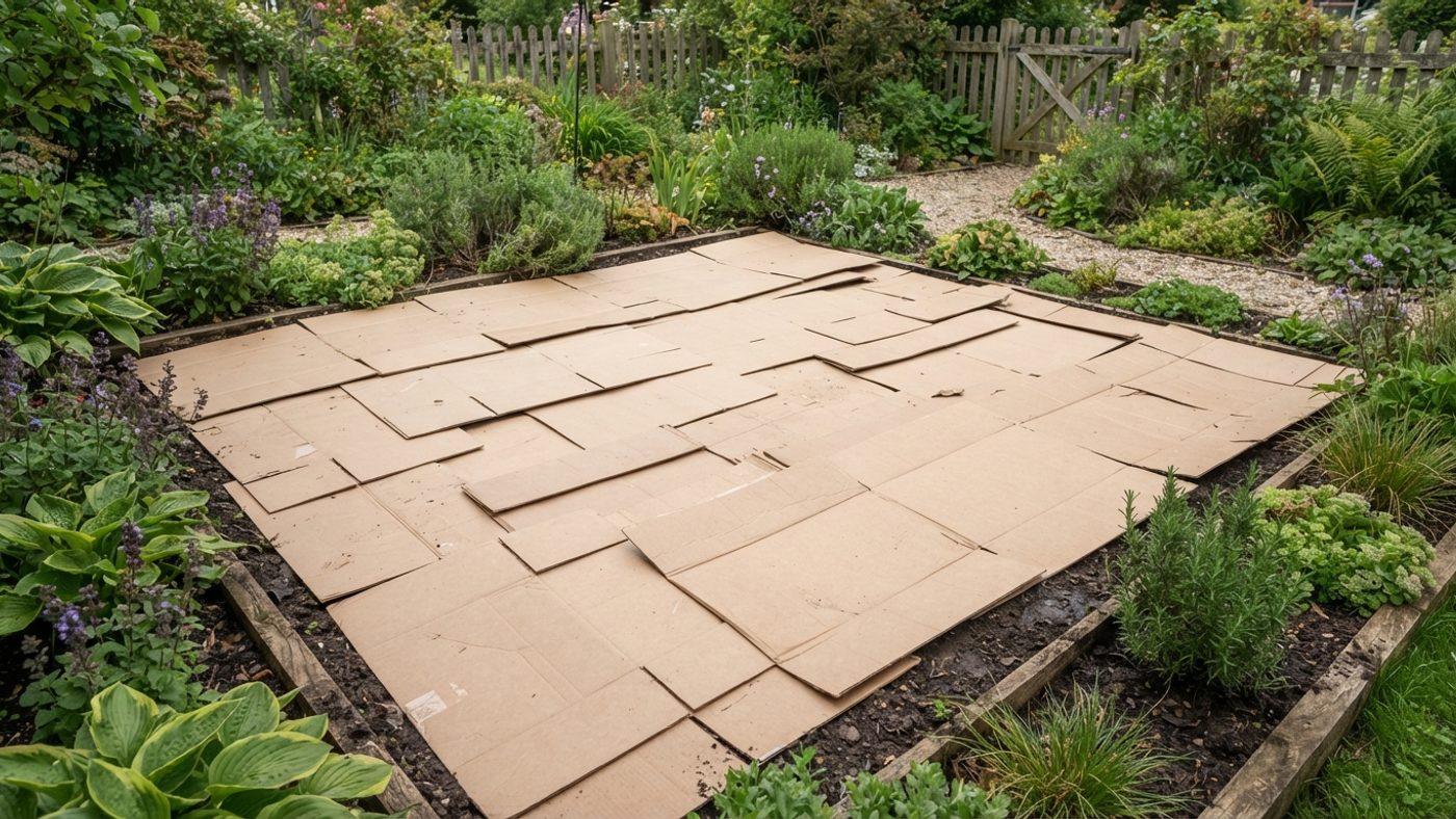 Flattened cardboard laid down as sheet mulch over a garden bed