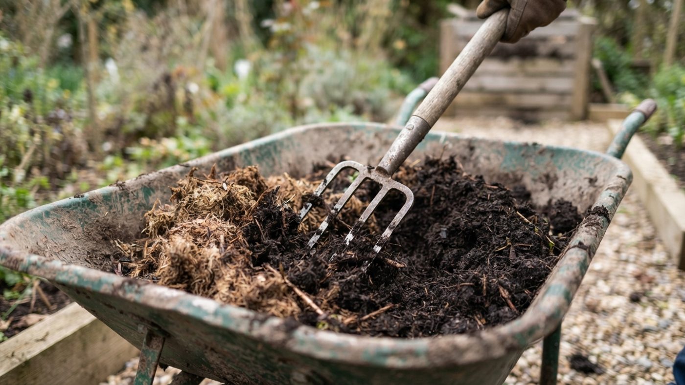 Spent compost being mixed with fresh garden compost in a wheelbarrow