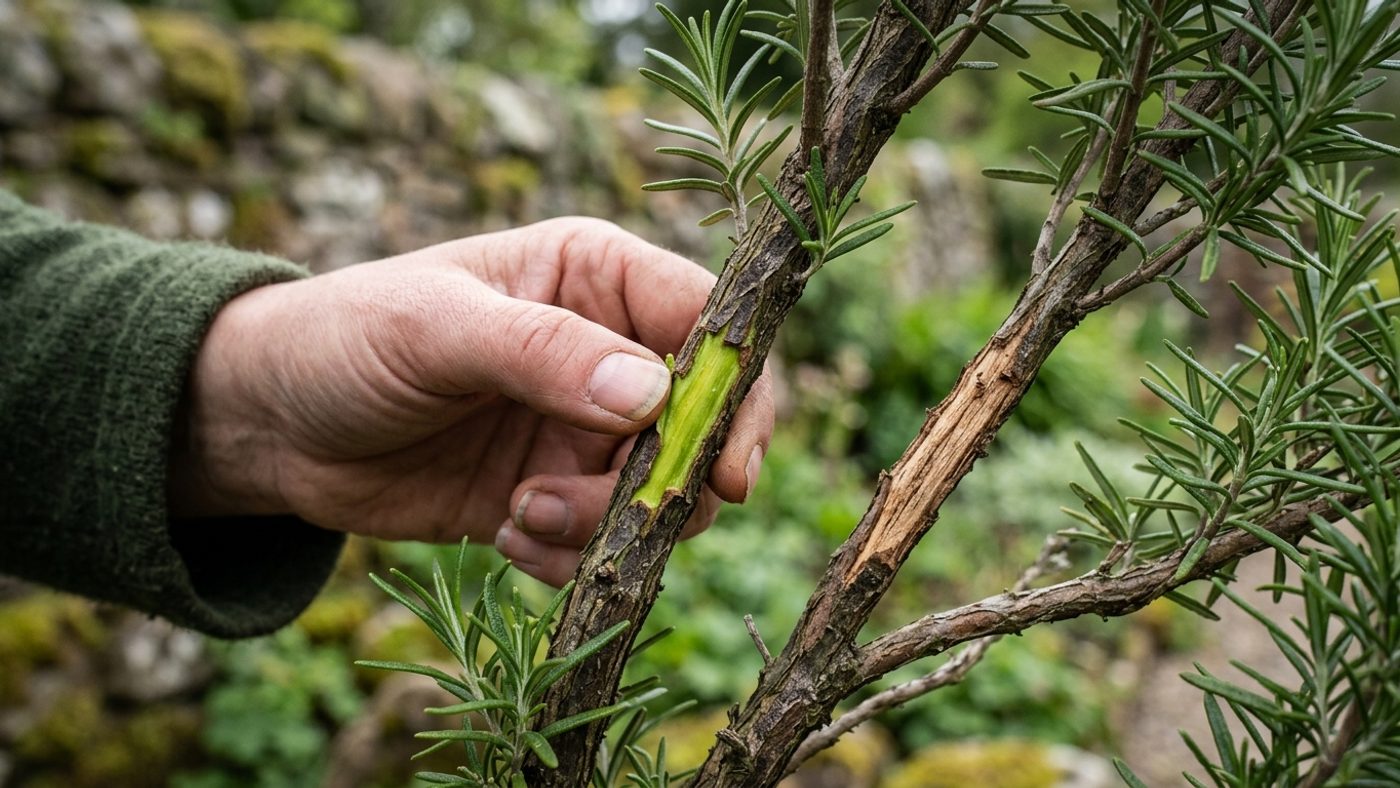 A thumbnail scratch test showing green living tissue under the bark of one rosemary stem and dry dead wood under another