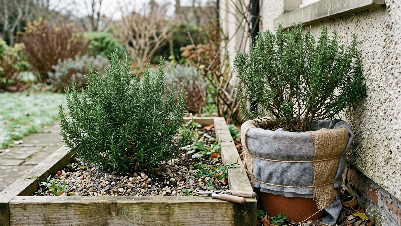 A rosemary growing in a raised gritty bed next to a rosemary in a pot wrapped and sheltered against a wall for winter