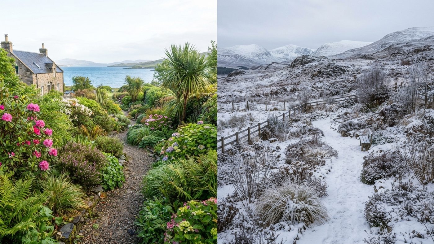 A sheltered coastal Scottish garden with mild green healthy plants next to an exposed upland garden with frost-covered, dormant plants and snow