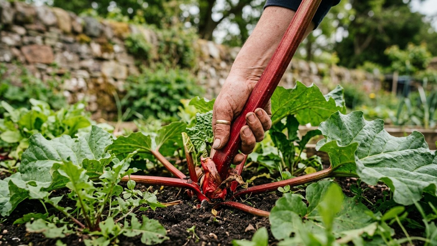 A hand twisting a rhubarb stalk gently at the base to free it, rather than cutting it