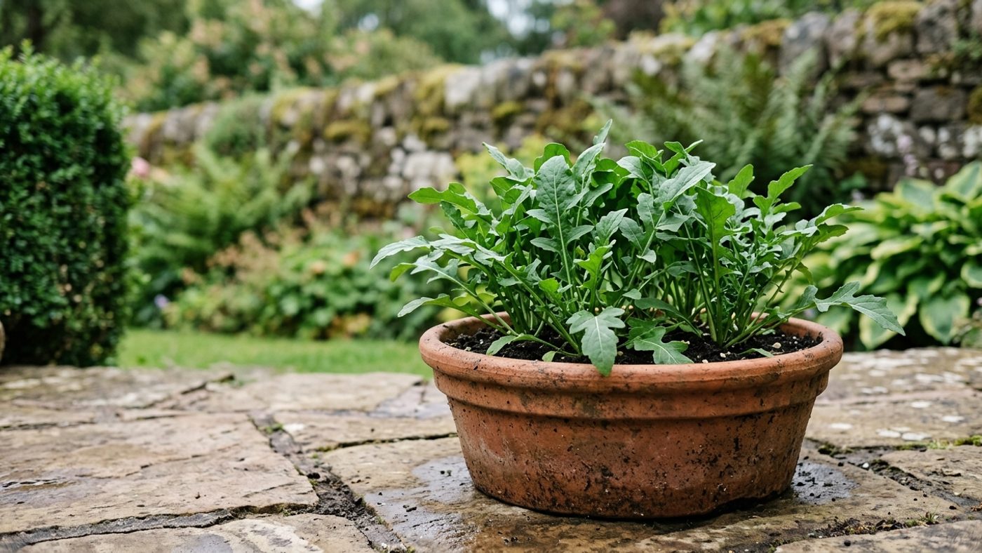 Rocket growing in a container with serrated dark green leaves, suited to a patio