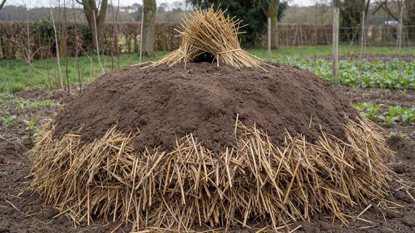 A traditional outdoor potato clamp, a mound of straw covered with a smoothed layer of soil with a tuft of straw poking through the top as a vent
