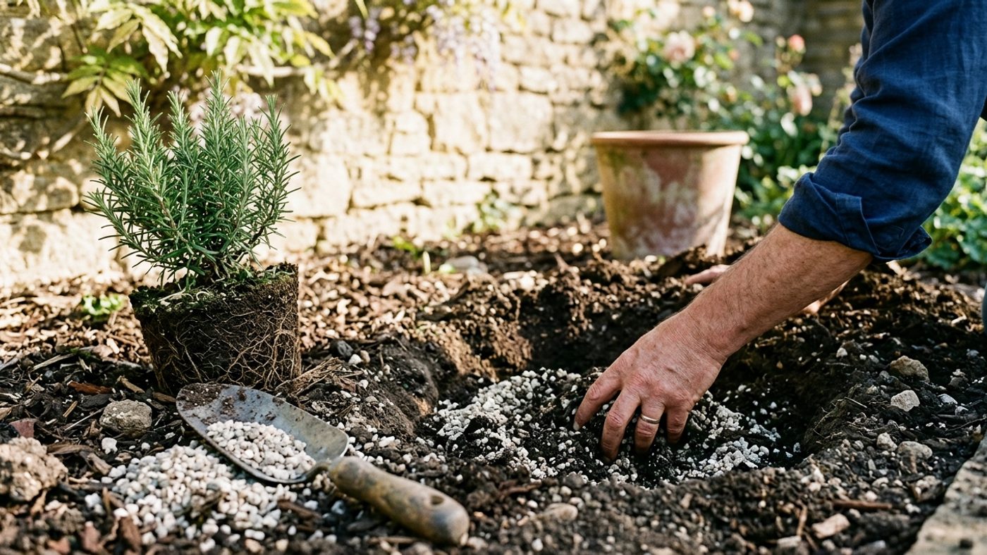 A hand mixing horticultural grit into the soil at the bottom of a planting hole before planting a rosemary bush