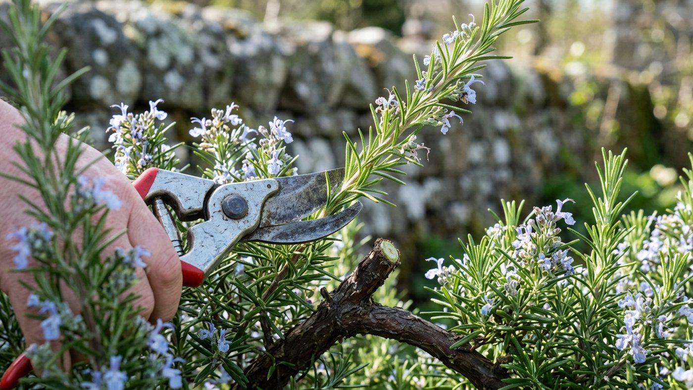 Secateurs cutting a soft green rosemary shoot above the old brown woody stem, which is left uncut