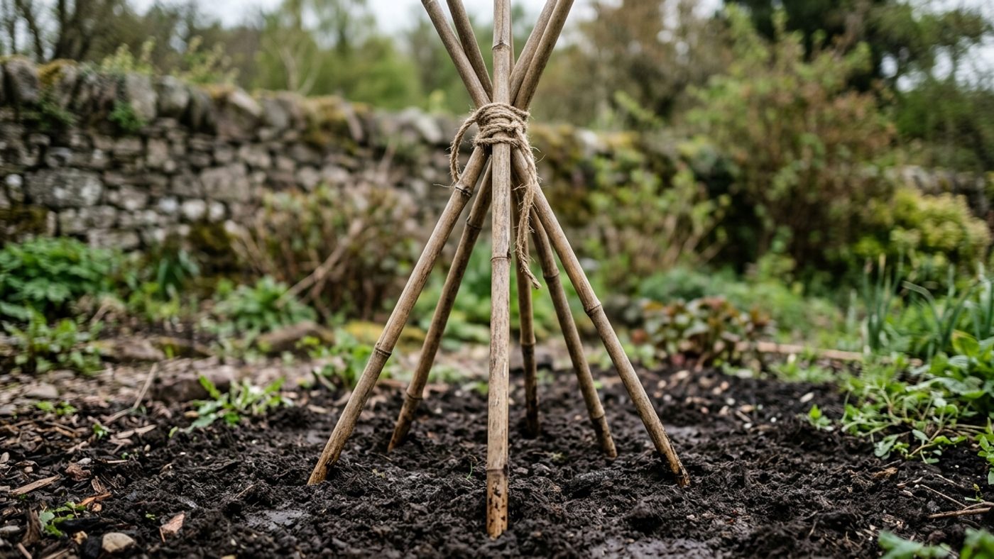 A wigwam of bamboo canes tied together at the top for runner beans to climb