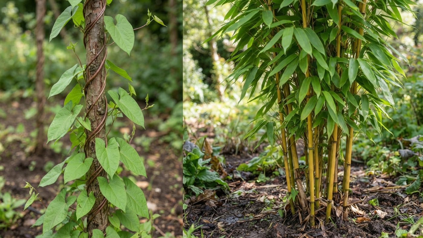 A side-by-side comparison of twining Russian vine with heart-shaped leaves and an upright stand of Japanese knotweed with cane-like stems