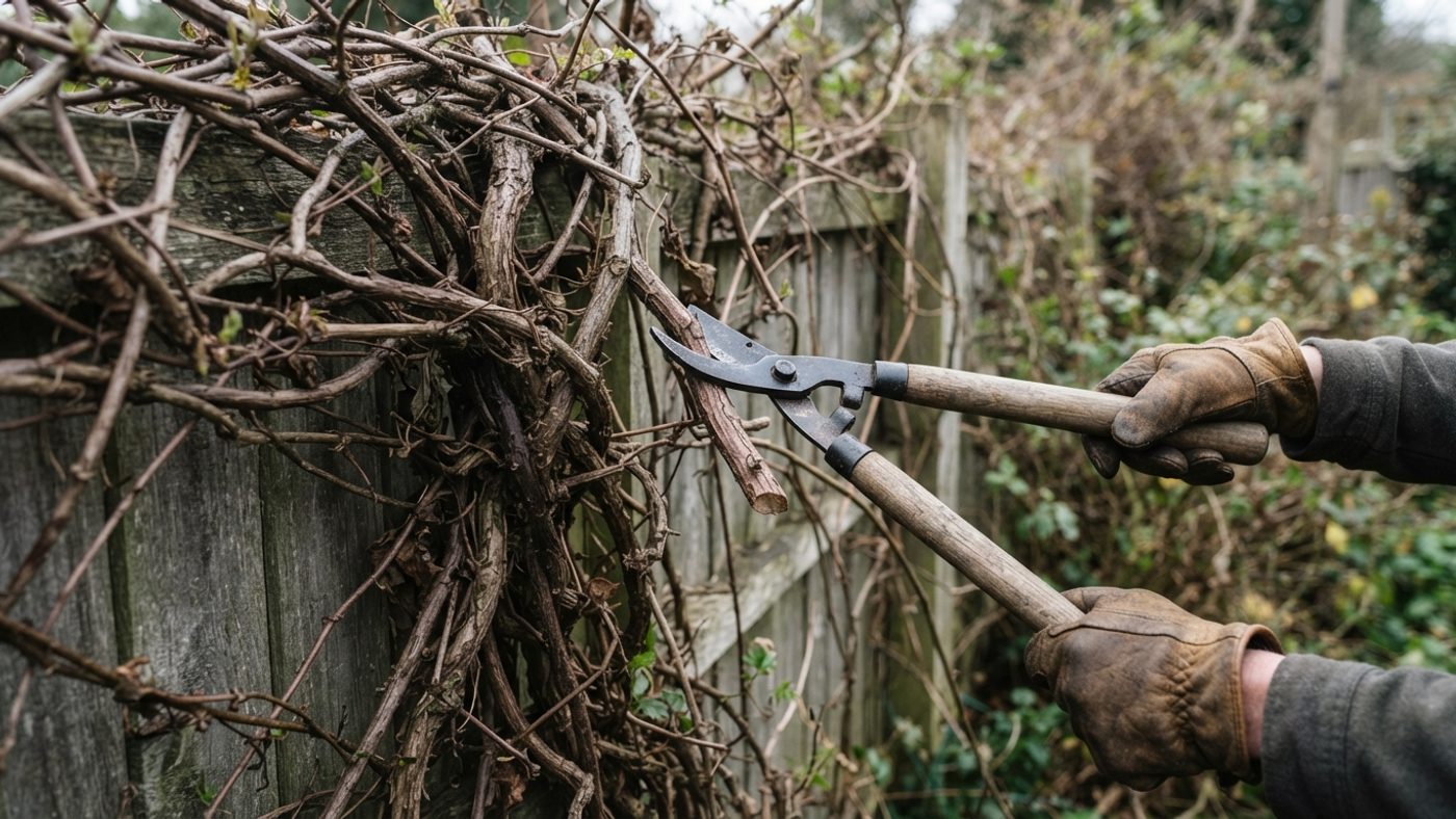 Hands using loppers to cut back thick woody Russian vine growth