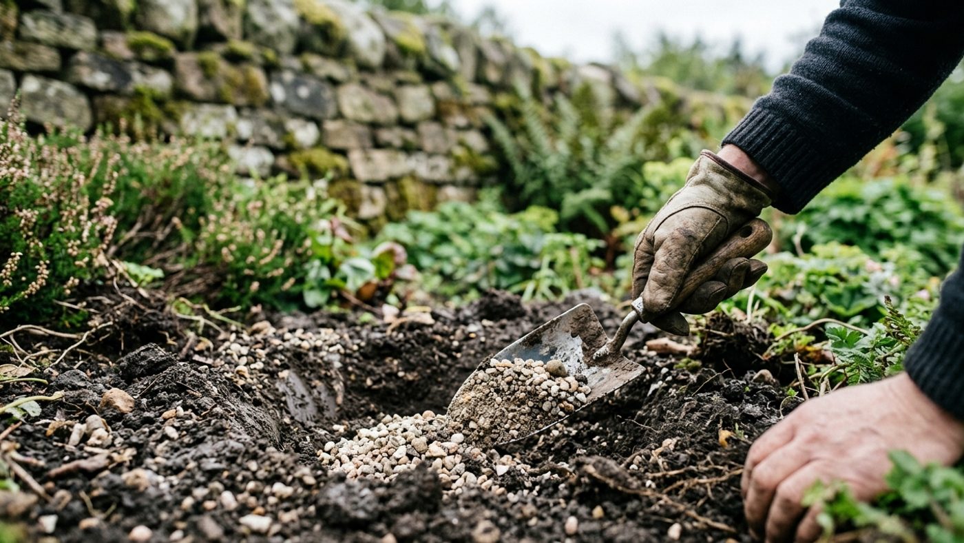 A hand working horticultural grit into heavy soil before planting sage, to improve drainage