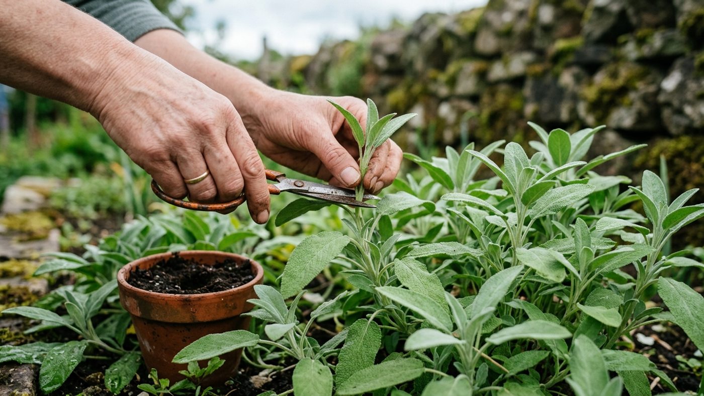 A hand taking a softwood cutting from a sage plant to propagate a replacement before the old plant turns woody