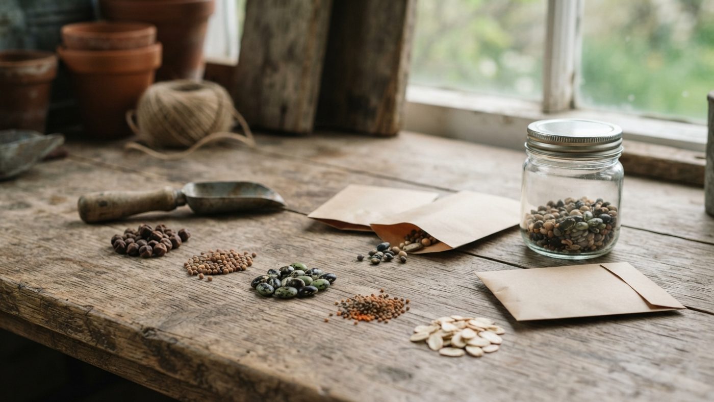 Small piles of dried vegetable seed next to plain unmarked paper envelopes and a small airtight container