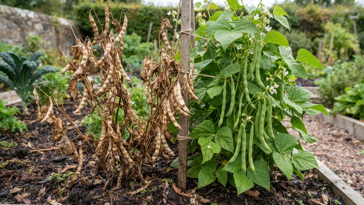 A bean plant with crisp papery brown seed pods next to a bean plant with plump green immature pods