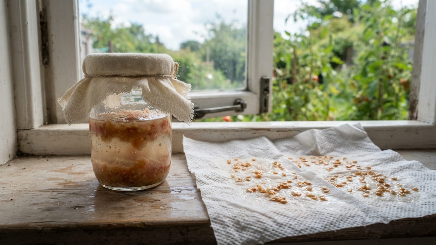 A glass jar of tomato seeds and pulp fermenting in water next to tomato seeds spread out drying on a paper towel
