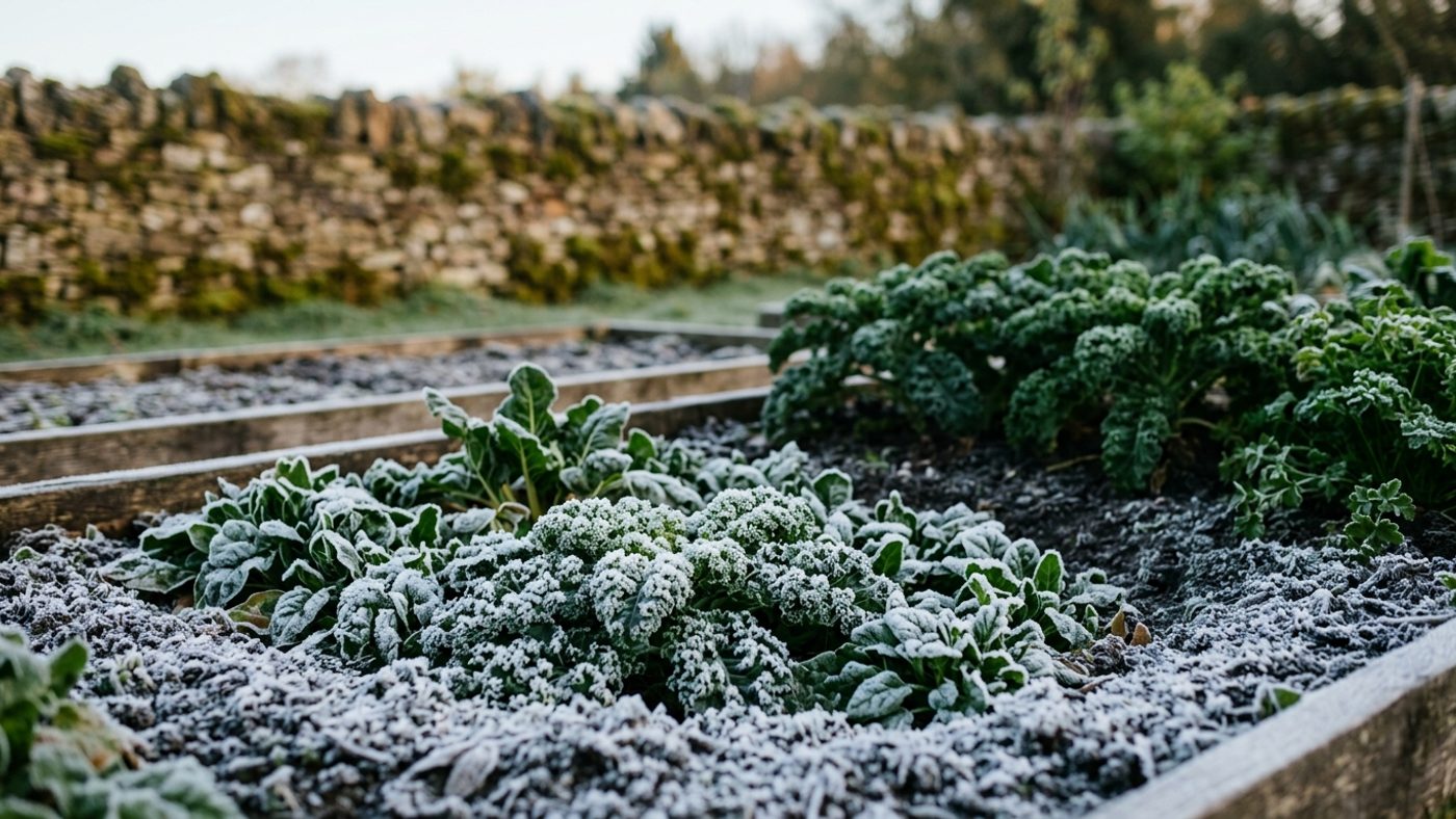 Frost coating vegetable plants in a low-lying hollow of a garden, with clear frost-free ground visible on higher rising ground nearby