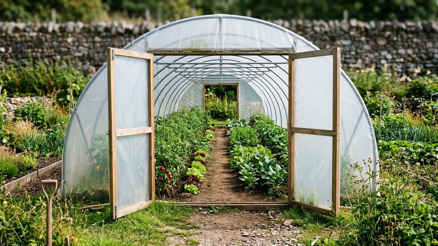 A polytunnel with its end doors fully open for ventilation, its plastic skin plain and unbroken, rows of plants spaced well apart inside