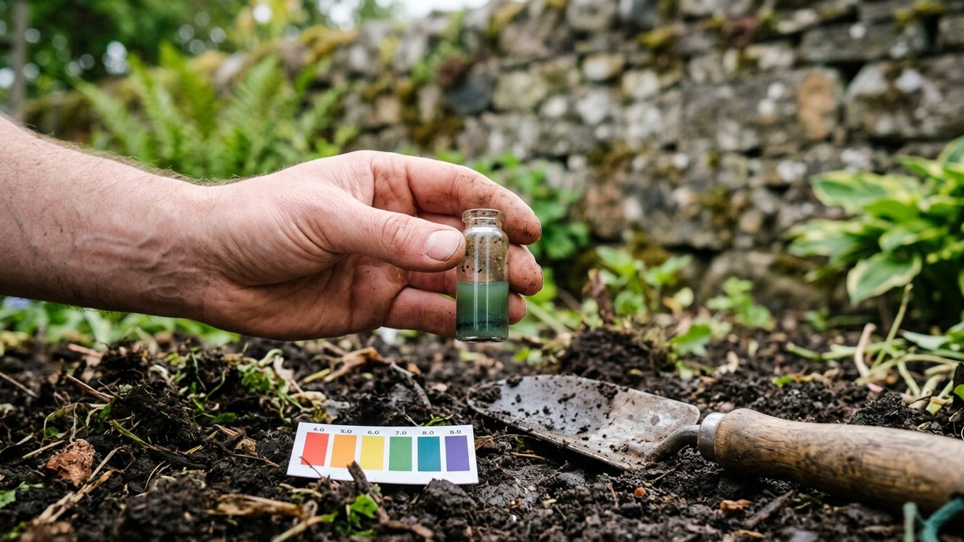 A hand holding a soil pH testing kit vial with a soil sample, next to a small trowel and freshly dug dark soil
