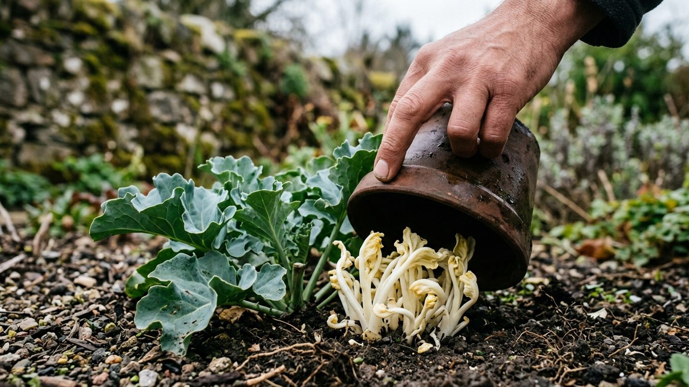A bare hand lifting an upturned forcing pot off a sea kale crown to reveal pale blanched shoots underneath, next to the plant's normal green leaves