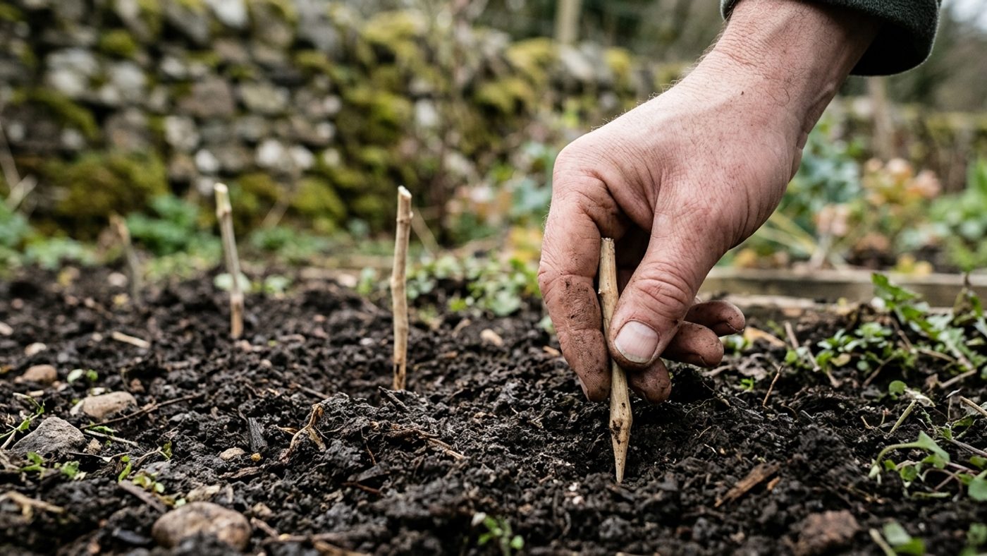 A bare hand planting a sea kale root cutting into soil at a slight angle, pointed end down