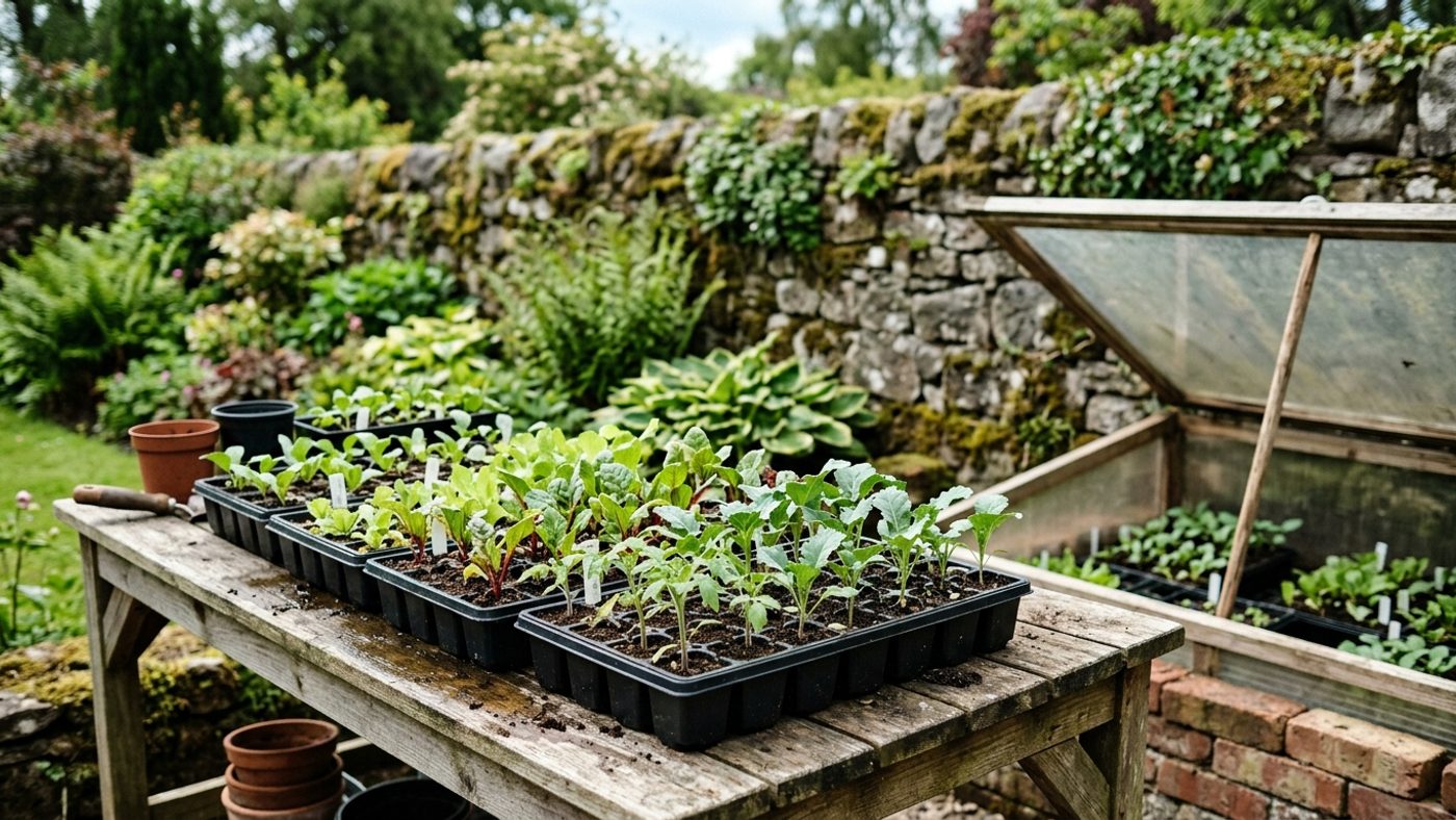 Trays of young seedlings standing outside on a garden table during the day as part of hardening off