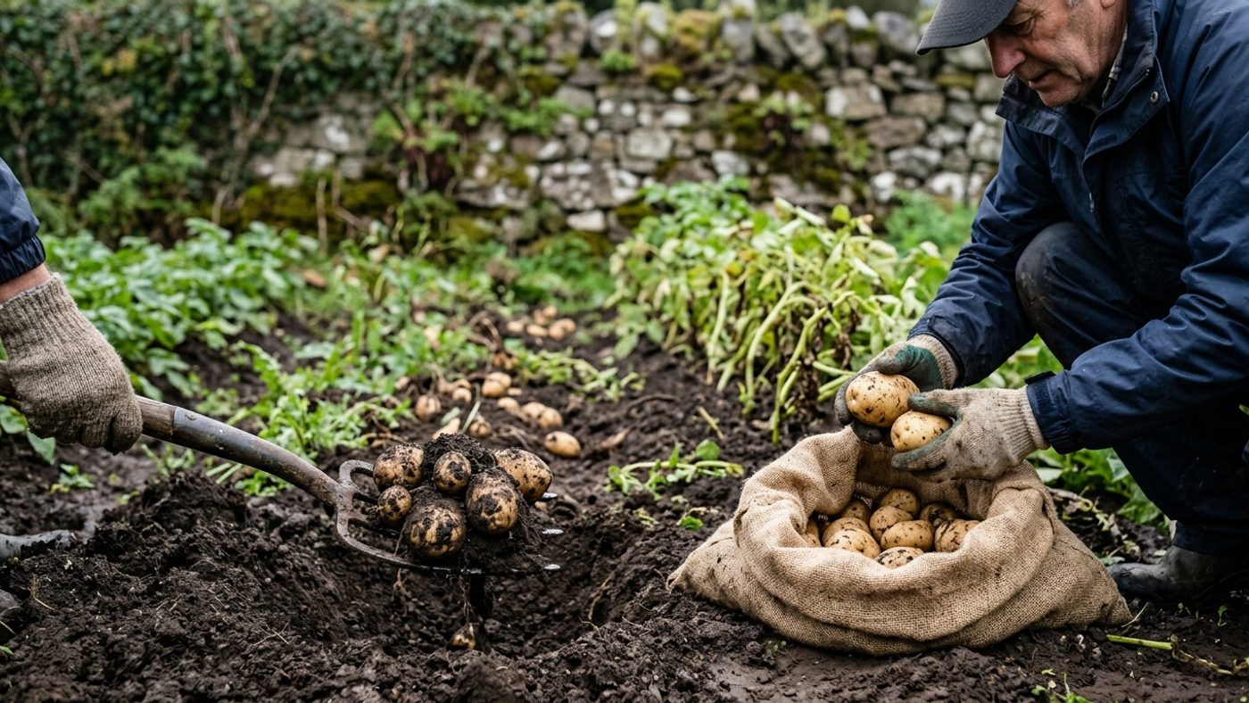 A garden fork lifting maincrop potatoes from the soil, with clean tubers being placed into a hessian sack for dark storage