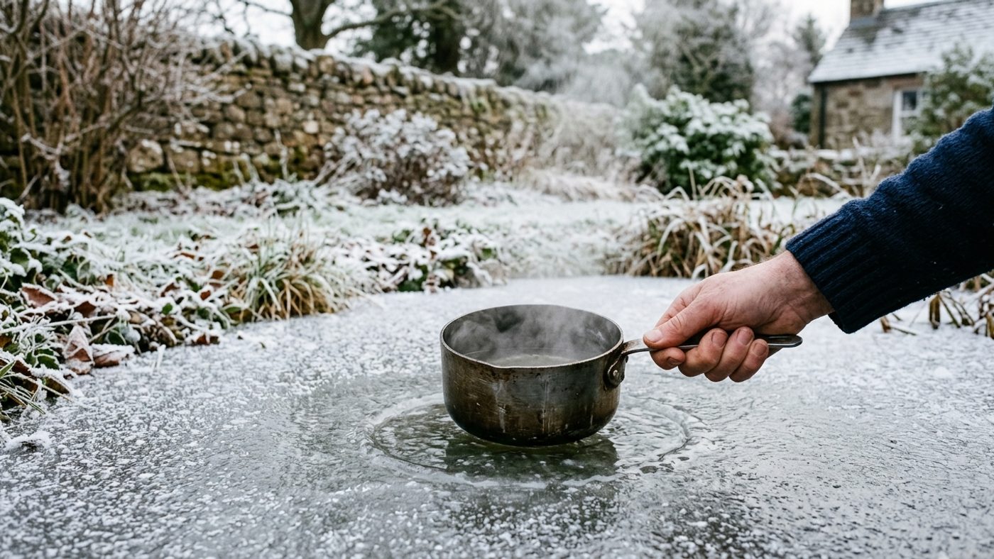 A pan of hot water being held against a frozen garden pond to melt a hole in the ice, rather than smashing it