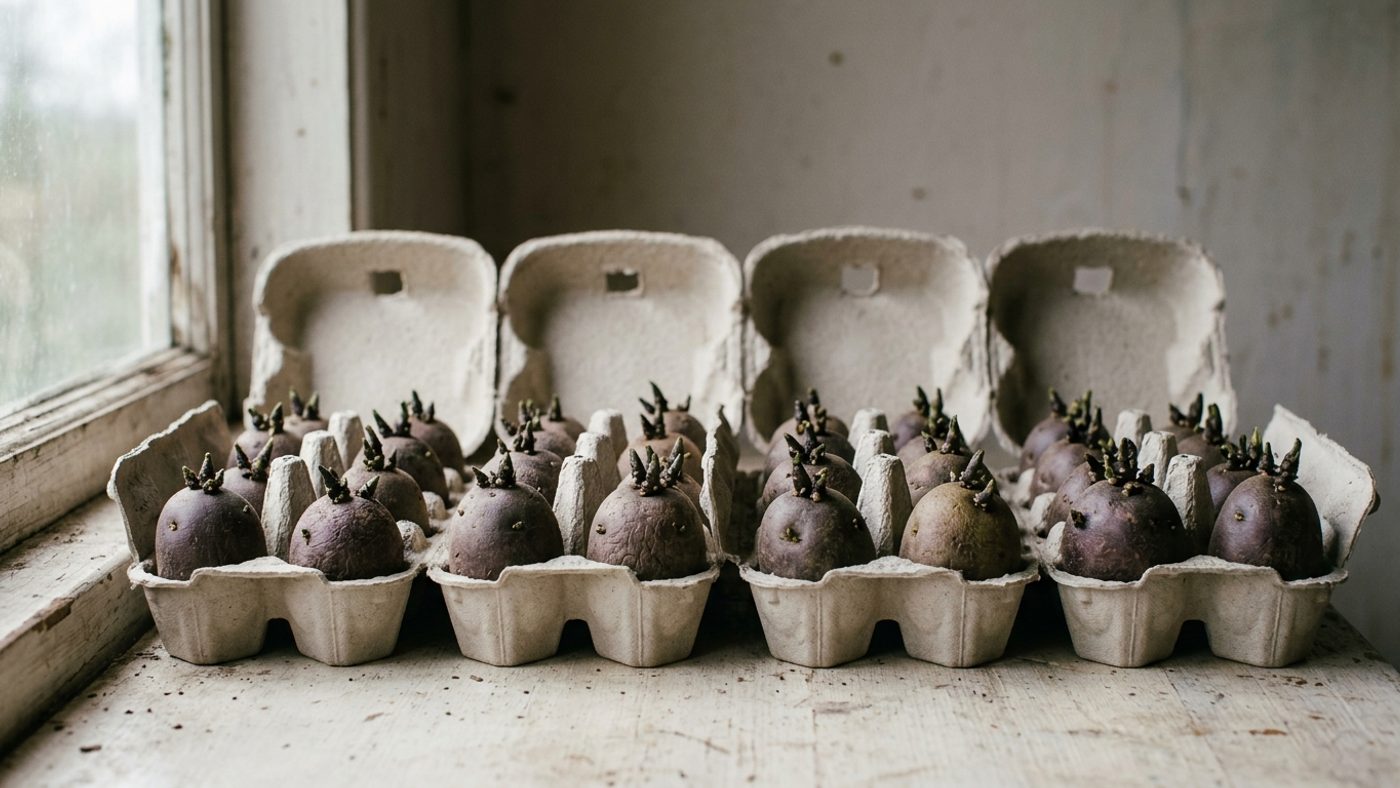 Several egg boxes of seed potatoes chitting in a cool, light spot, each with short dark green sprouts pointing upward