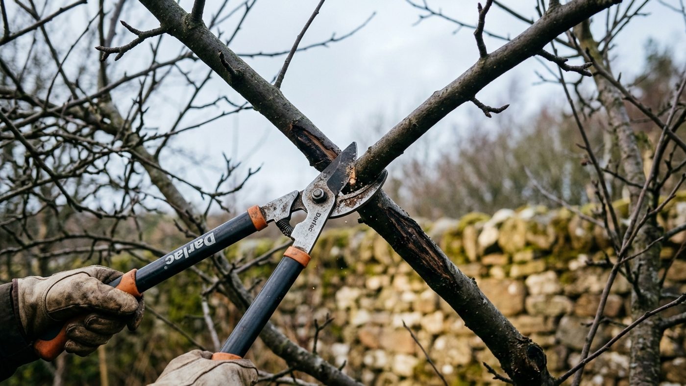 Loppers cutting a bare crossing branch that rubs against another branch on a dormant apple tree