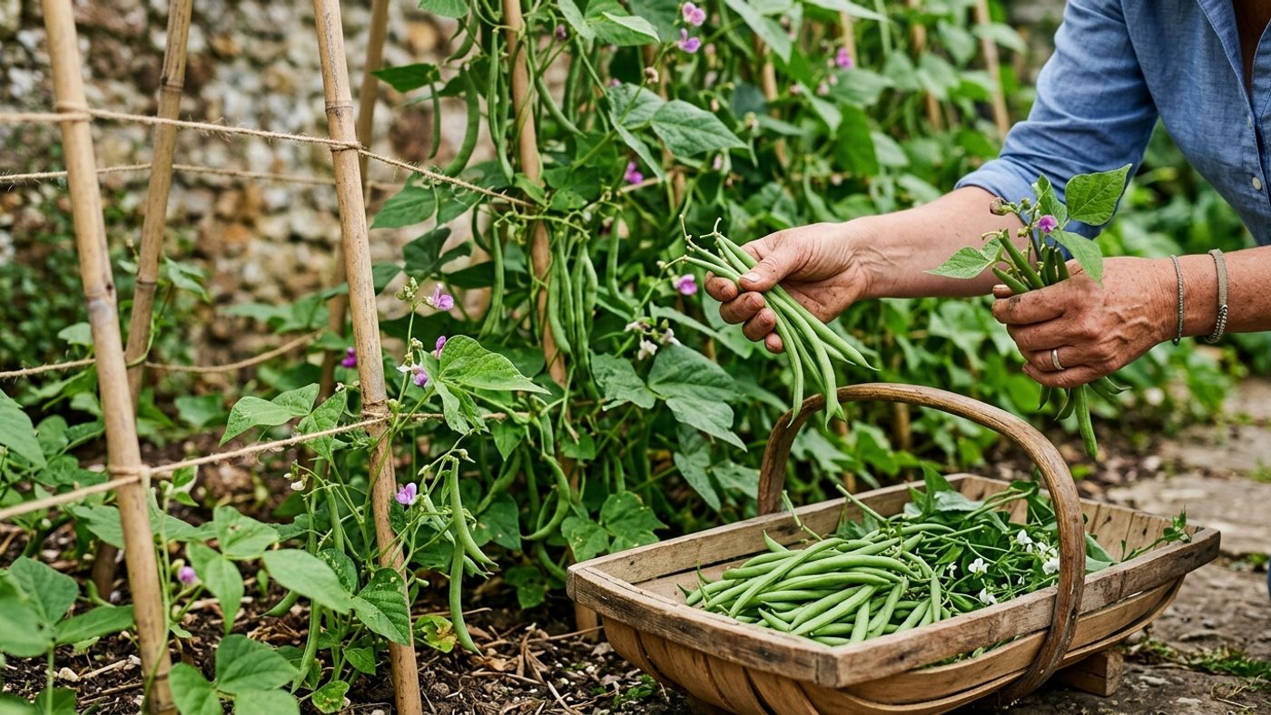 A hand picking slender green French bean pods into a wooden trug, with climbing bean plants and canes behind