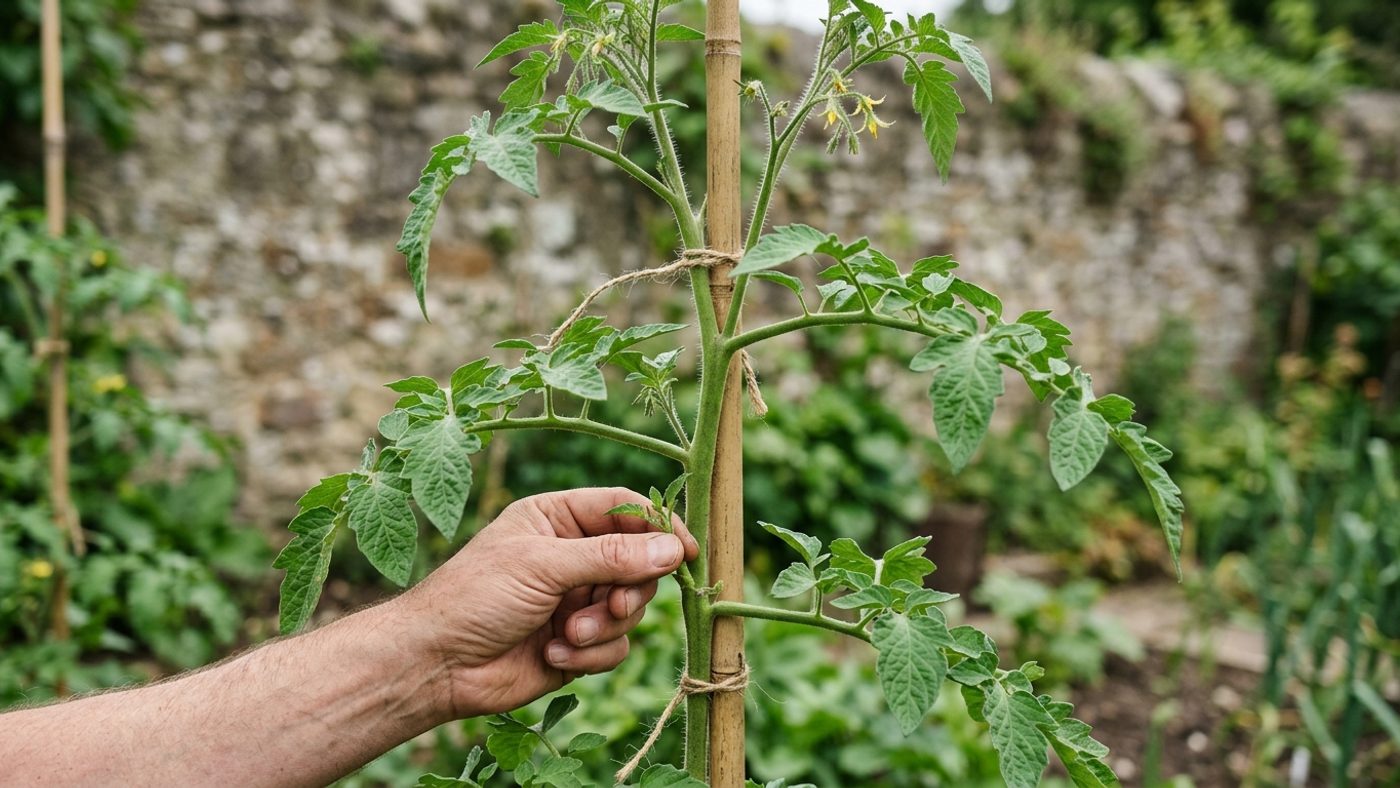 A tall cordon tomato plant tied to a cane, with a hand pinching out a side-shoot lower down the stem