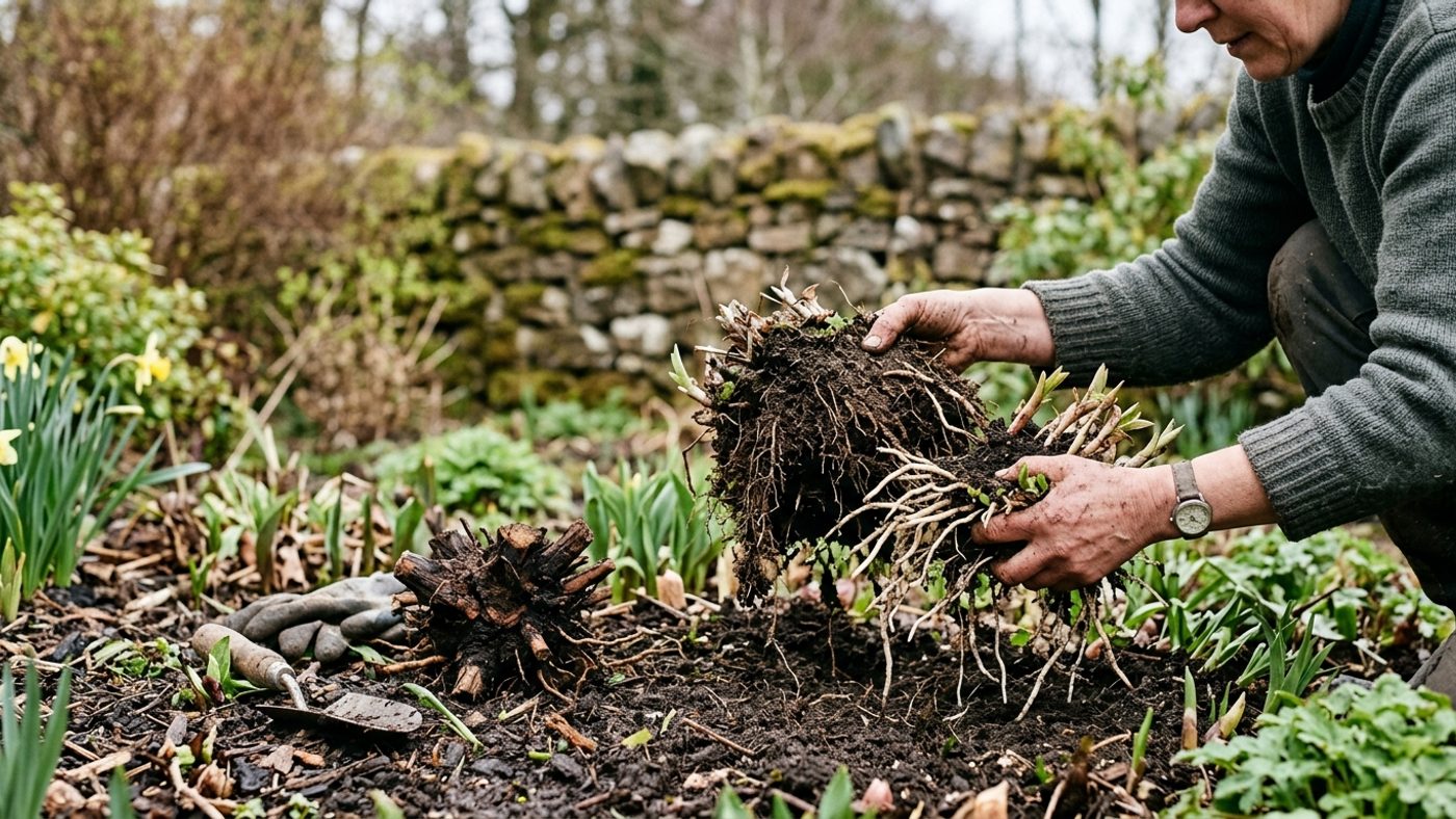 A dug-up perennial plant clump being split by hand into smaller pieces, with the old woody centre set aside