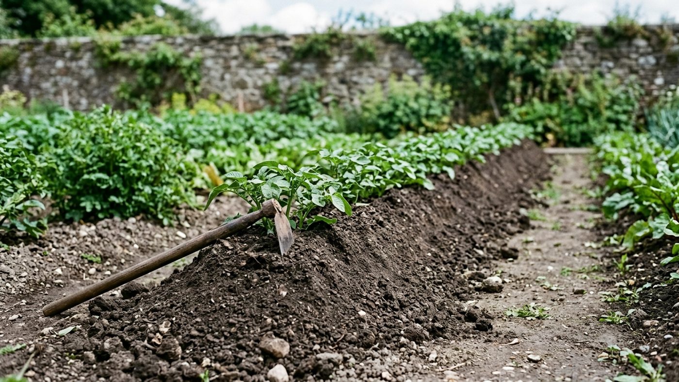 A long ridge of soil drawn up over a row of potato plants, with just the top leaves showing along the row