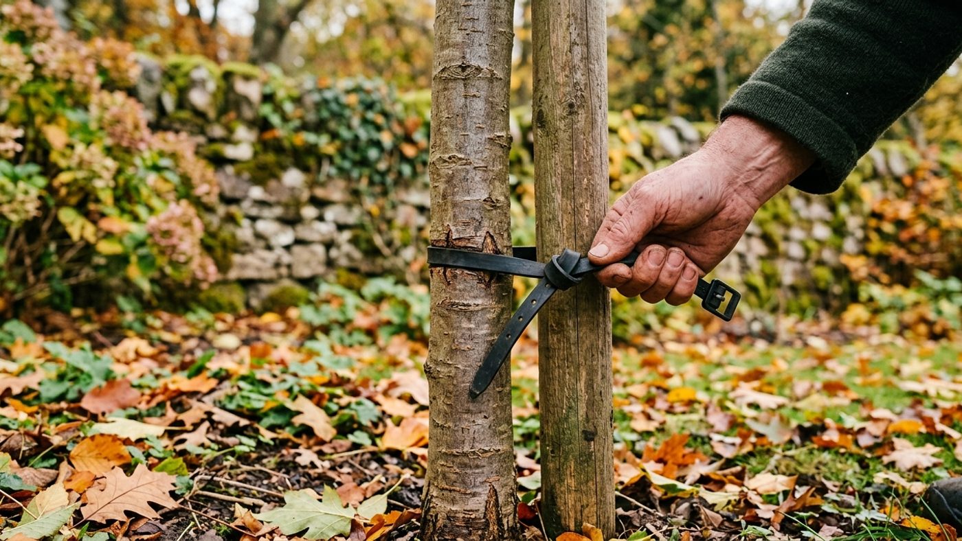 A hand loosening a tree tie that has begun cutting into the bark of a young tree trunk, against a wooden stake