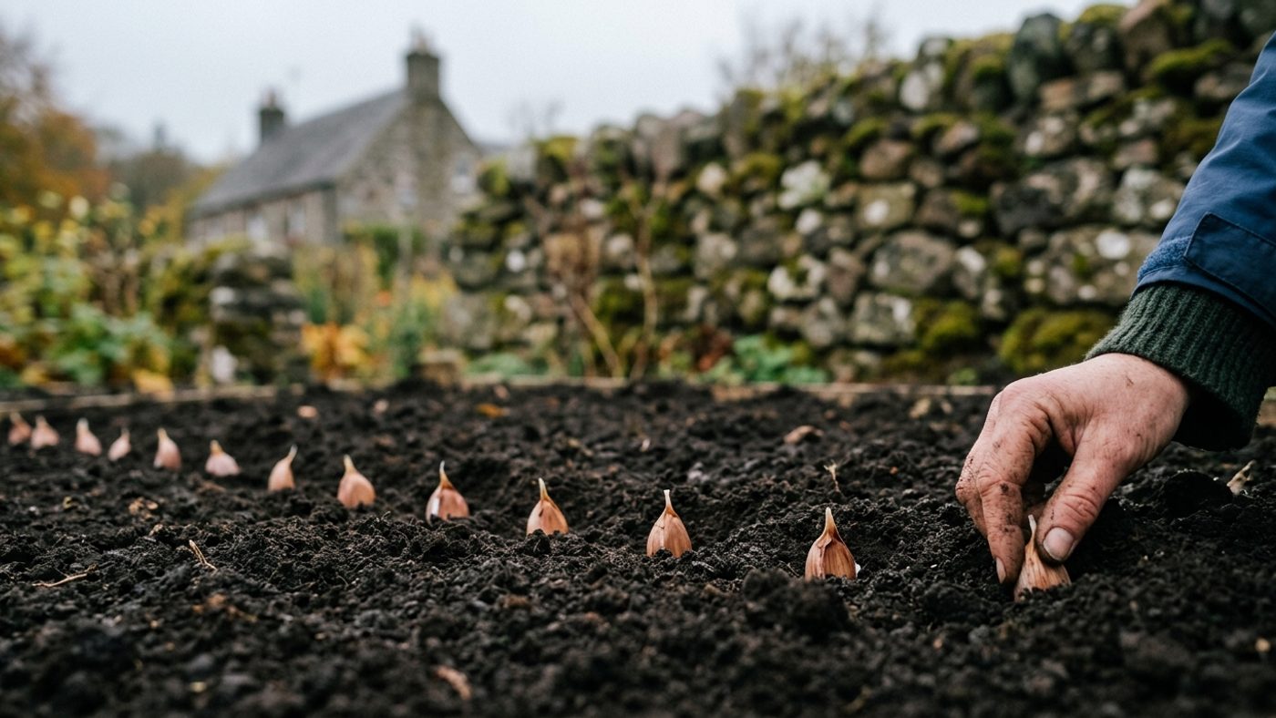 A row of garlic cloves freshly planted pointed end up in soil, with a hand pressing the last one into place