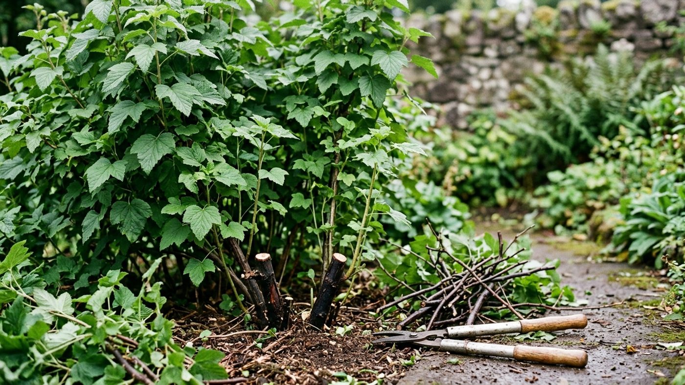 A leafy blackcurrant bush after its post-fruiting prune, with a gap at the base where old stems were cut away