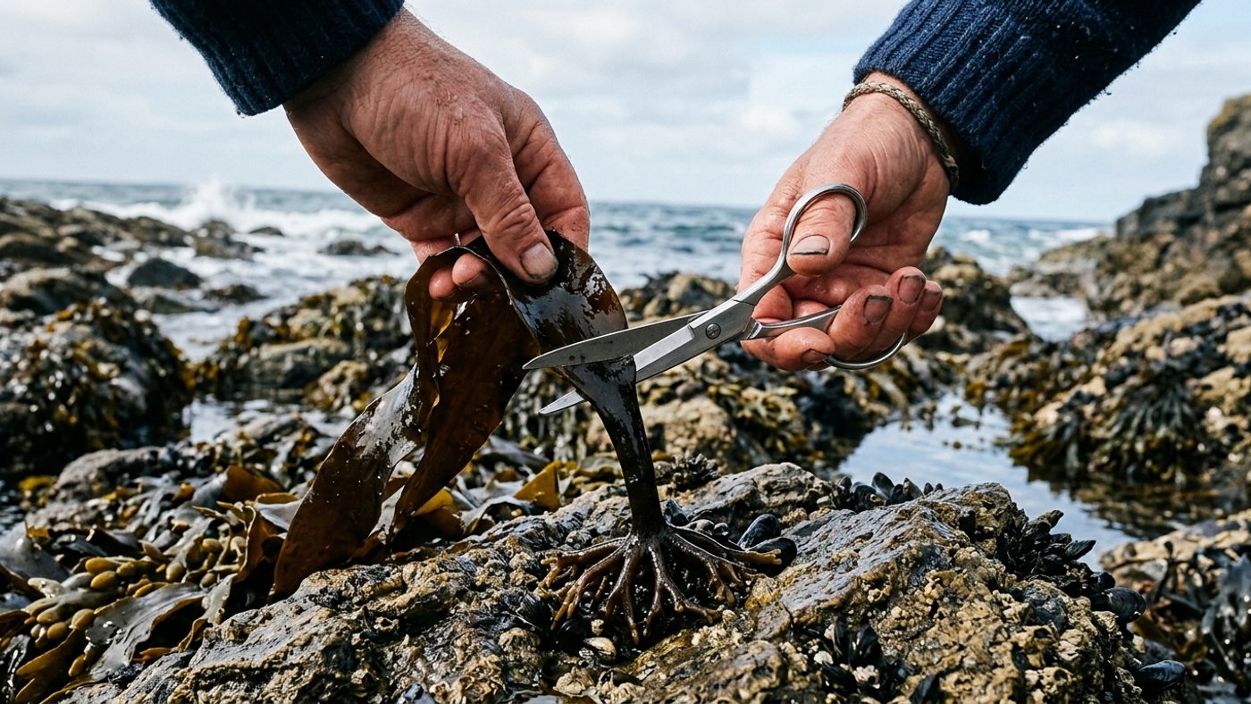 A hand using scissors to cut a seaweed frond cleanly on a rocky shore, leaving the holdfast still attached to the rock below