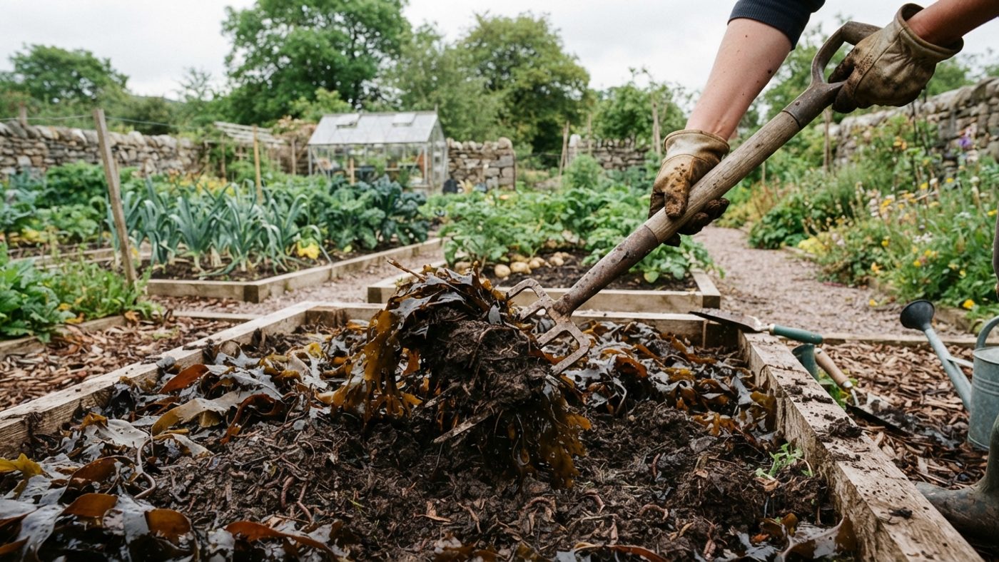A garden fork digging fresh raw seaweed into dark soil in a vegetable bed