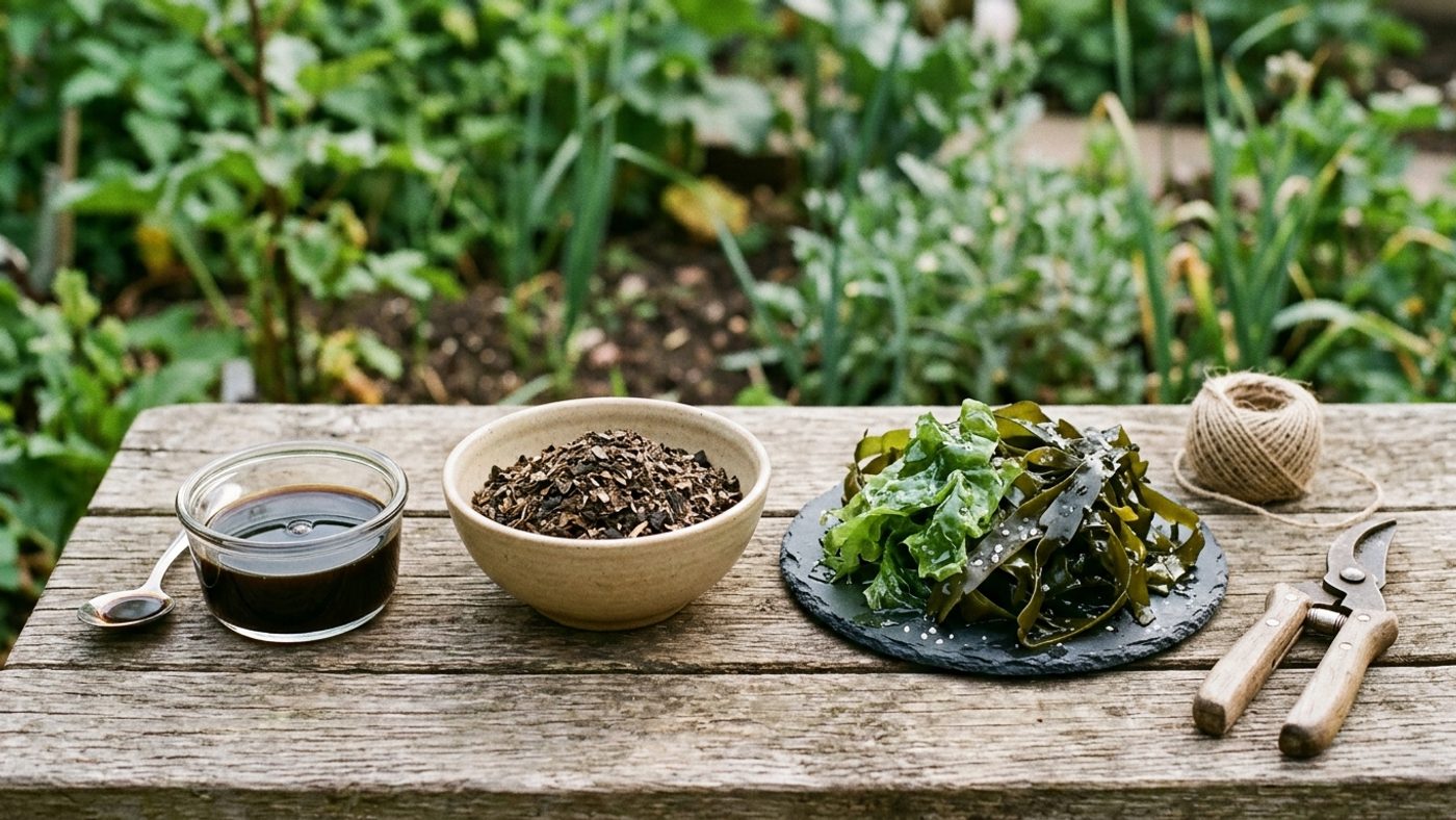 A dark liquid seaweed concentrate, a pile of dried crushed seaweed meal, and a heap of raw fresh seaweed fronds shown side by side