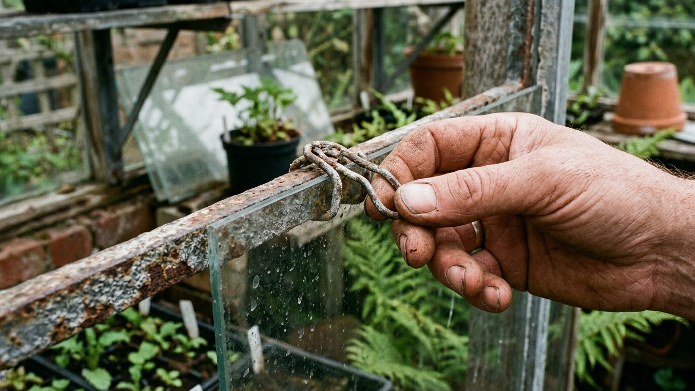 A hand checking a sprung wire glazing clip on a greenhouse frame for corrosion and spring tension