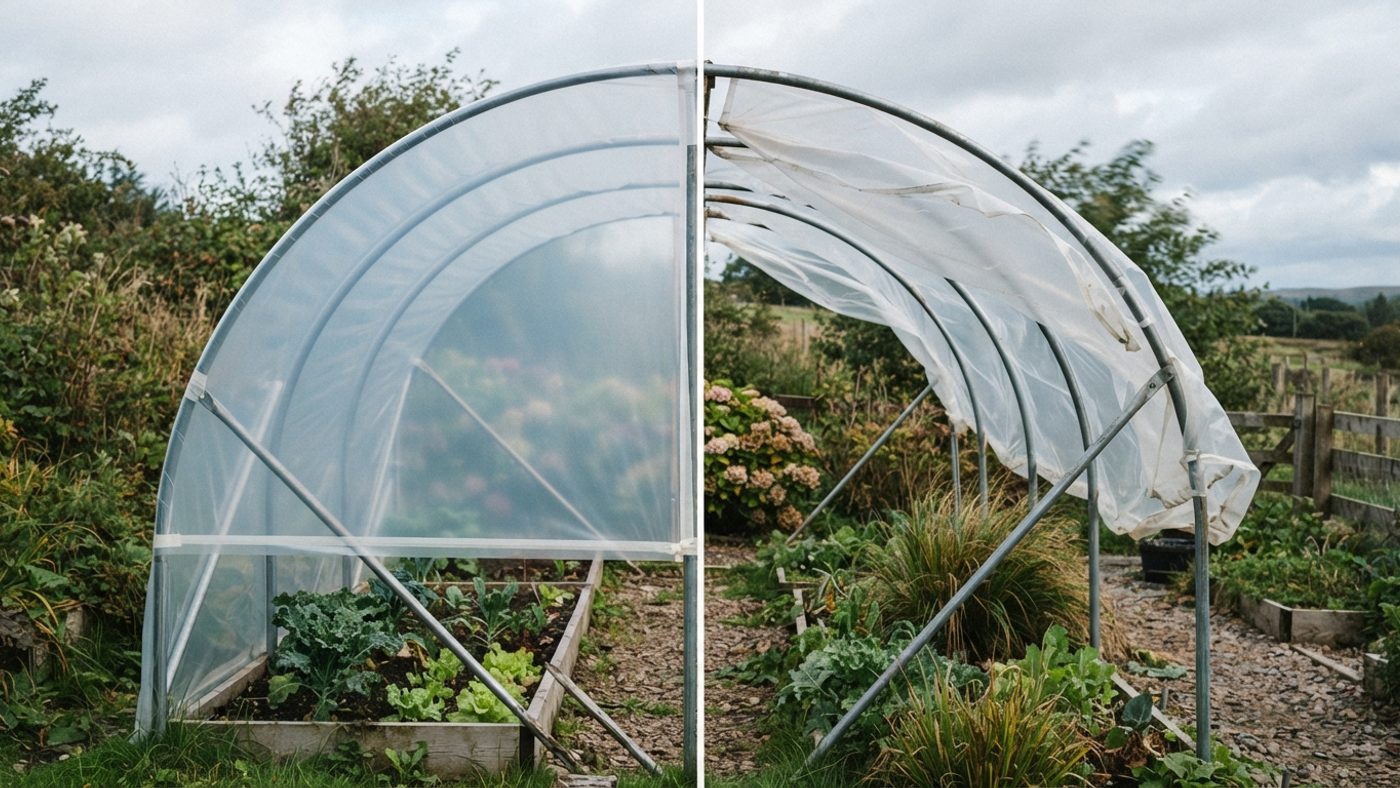 A taut, drum-tight polytunnel cover next to a loose, flapping section of cover coming away from the frame