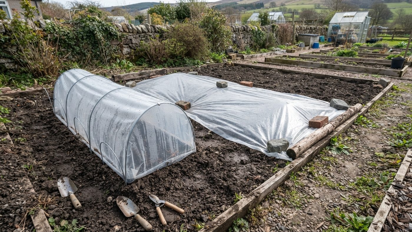 A cloche and a sheet of clear plastic laid over separate sections of a garden bed to warm the soil ahead of sowing