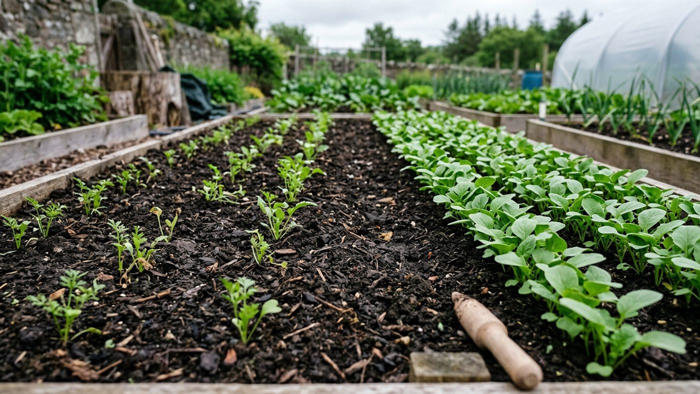 A patchy, gappy row of seedlings with scattered missing plants next to a uniform, evenly germinated row with no gaps