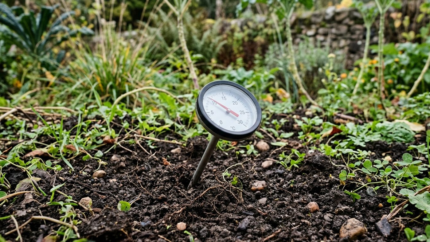 A soil thermometer pushed into undisturbed garden soil to take a morning reading before sowing