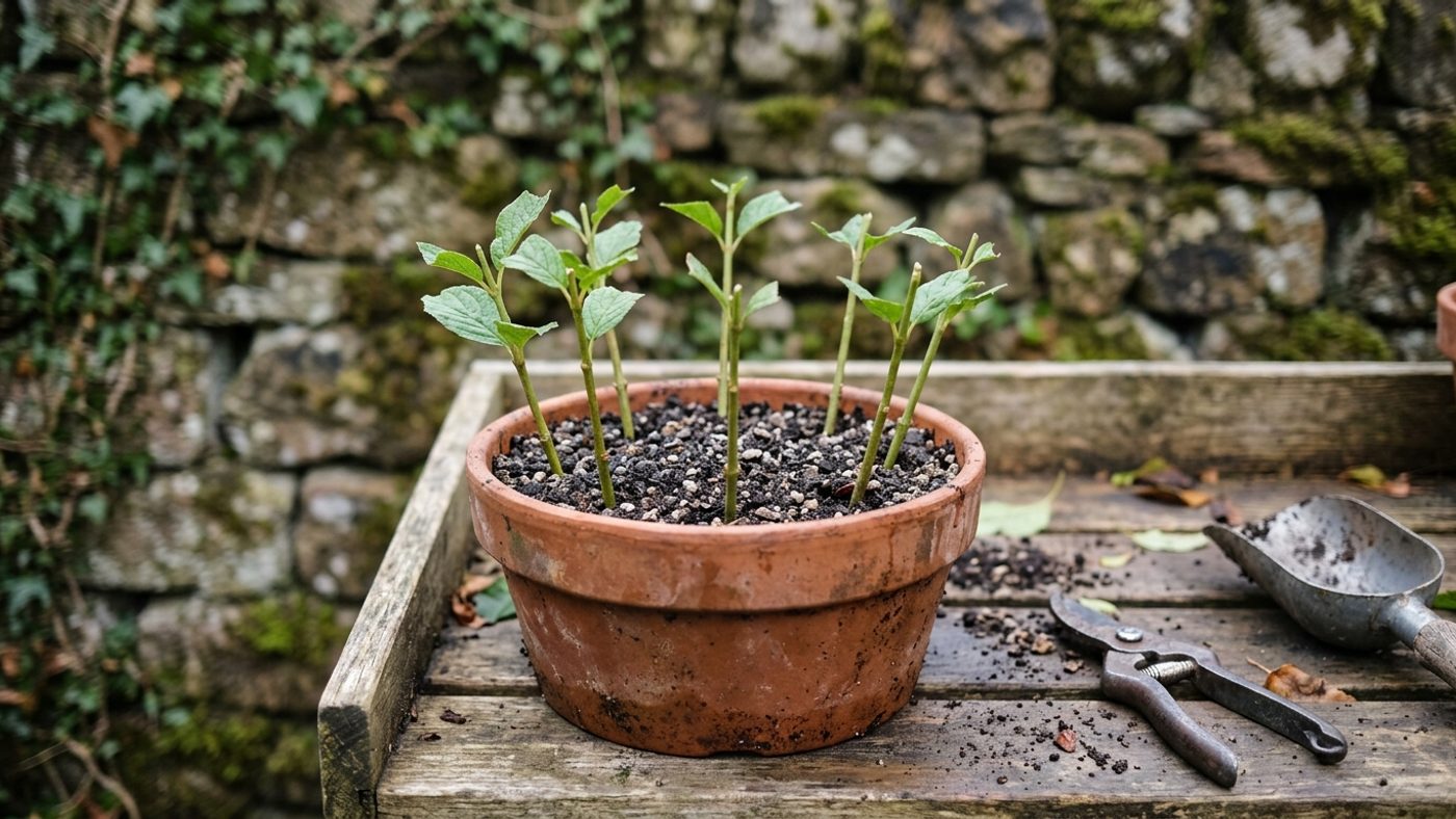 Several semi-ripe cuttings with lower leaves stripped inserted spaced around the edge of a pot of free-draining cutting compost