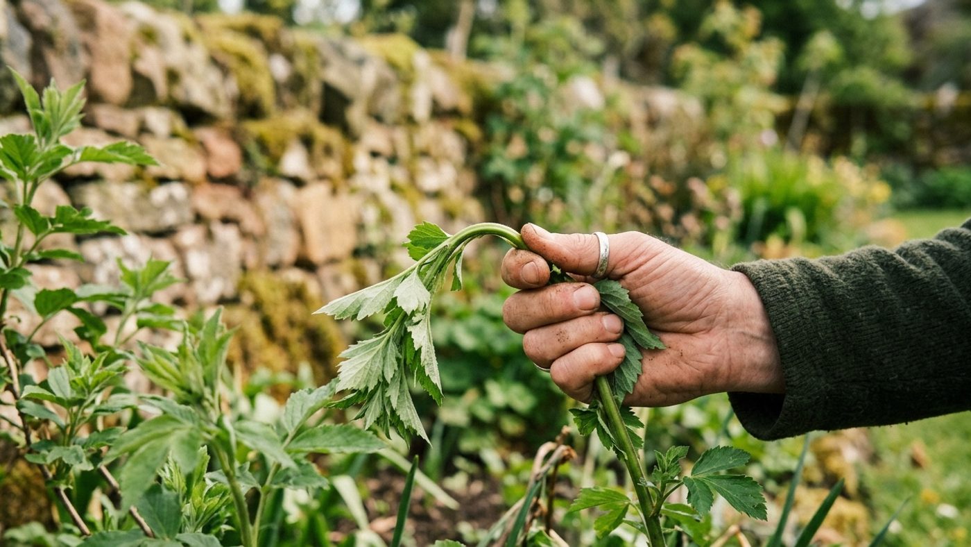 A hand bending a leafy garden shoot between finger and thumb to test it, the shoot curving with visible resistance