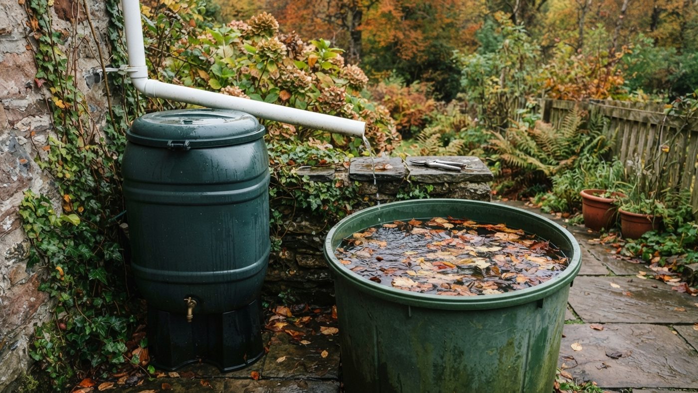A water butt with a secure fitted lid next to an open uncovered water butt with fallen leaves floating on the water surface
