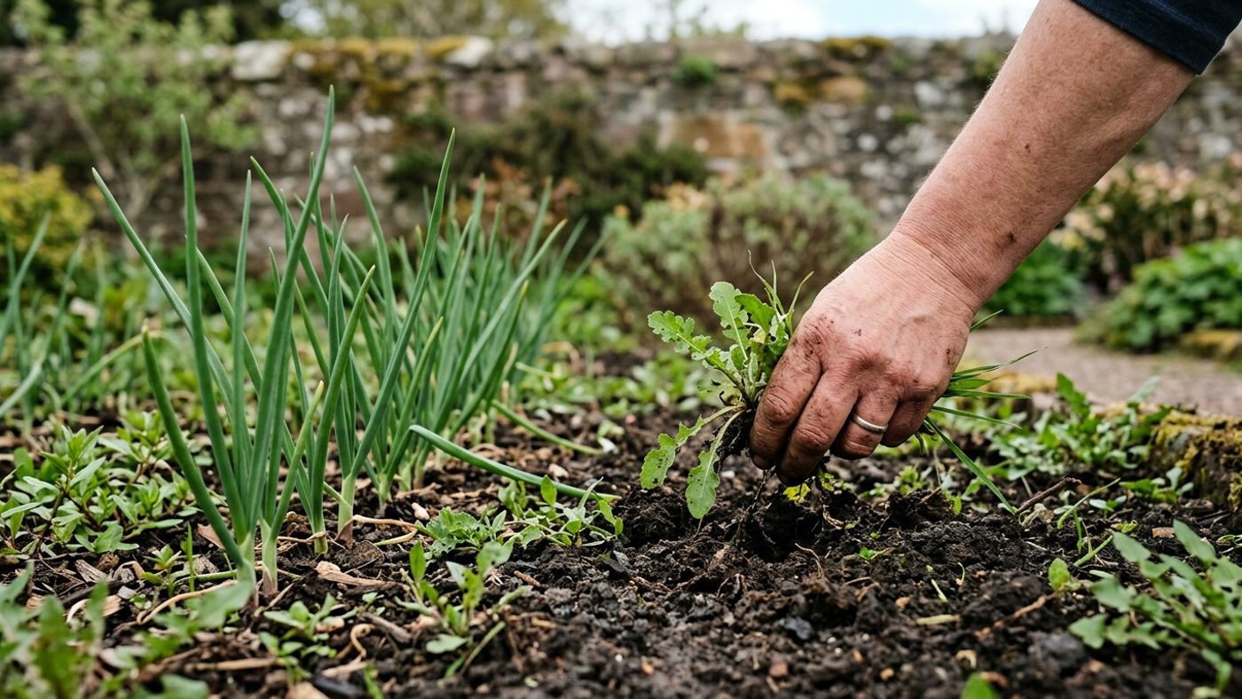 A hand pulling a weed by hand close to a row of shallot bulbs, avoiding damage to their shallow roots