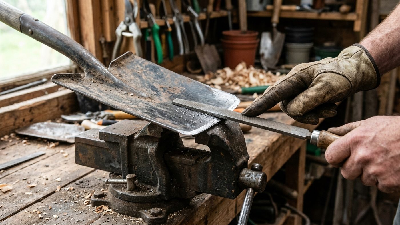 A flat metal file being drawn along the cutting edge of a spade clamped in a vice